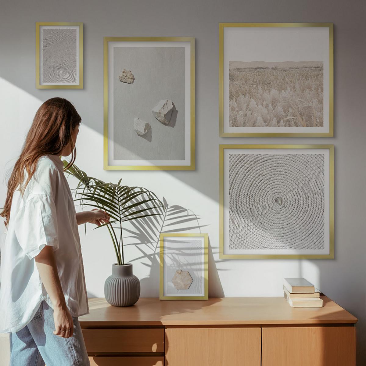 BILDER SET 5er Set - 50x50 cm & 20x30 cm & 40x60 cm Goldrahmen - Leichte Boho-Sandtexturen - Goldfarben, Kunststoff (40/60cm) - TULUP
