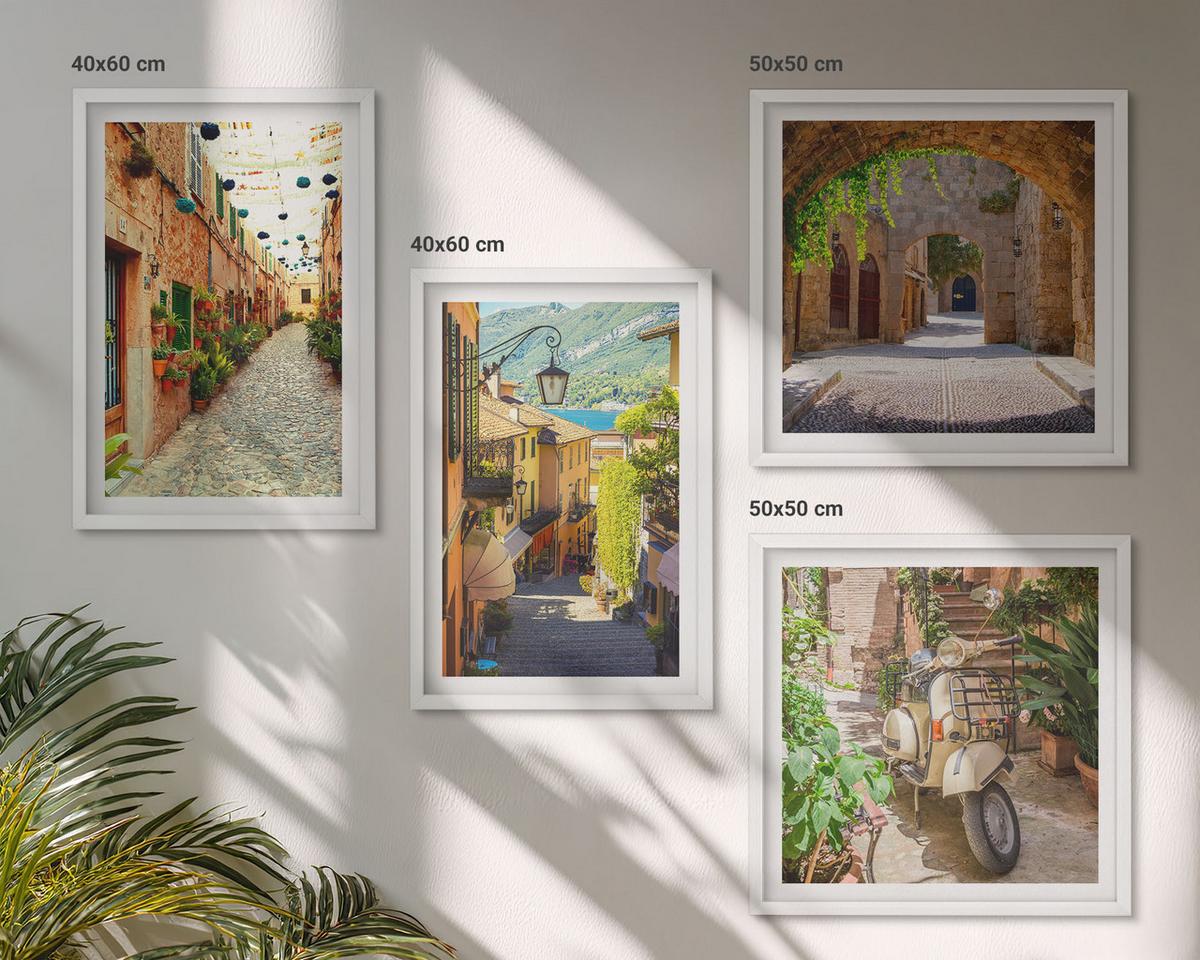 BILDER SET 4er Set - 50x50 cm & 40x60 cm Weißer Rahmen - Charmante Straßen und Pizza - Weiß, Kunststoff (50/50cm) - TULUP