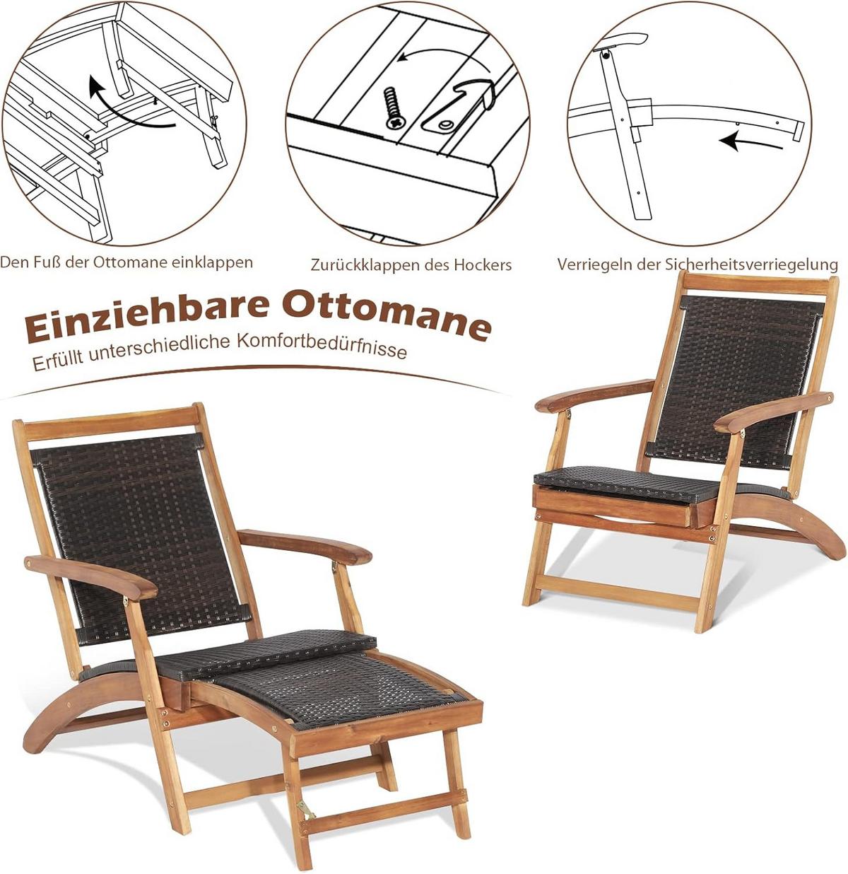 SONNENLIEGE mit Fußstütze+Beistelltisch Braun - Braun, Naturmaterialen (135/81/61cm) - COSTWAY
