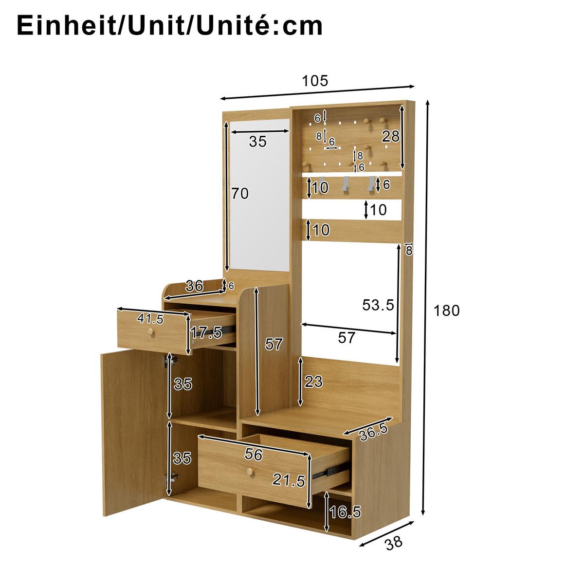 GARDEROBEN-SET 105 cm Holzoptik Natur – Kompaktgarderobe mit Spiegel, Schuhbank & flexiblem Hakenboard - Naturfarben, Holzwerkstoff (105/180/38cm) - Urban Meuble