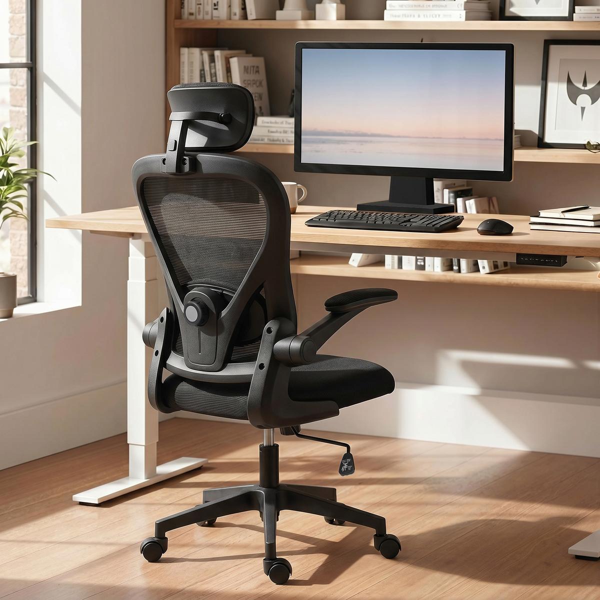 BÜROSTUHL Ergonomischer Schreibtischstuhl mit Hochklappbaren Armlehnen Schwarz - Schwarz, Kunststoff/Textil (63/125/64cm) - HOMCOM
