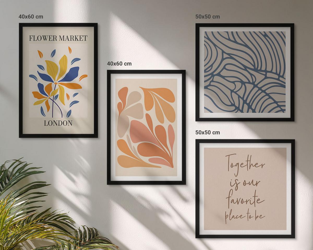 BILDER SET 4er Set - 50x50 cm & 40x60 cm Schwarzer Rahmen - Moderne abstrakte Blumen - Schwarz, Kunststoff (50/50cm) - TULUP