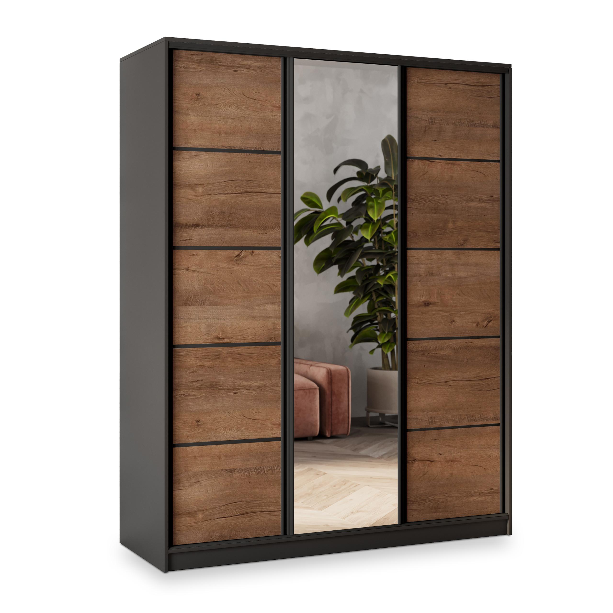 SCHWEBETÜRENSCHRANK NATA 160/205/58 cm 3-türig mit Spiegel und 4 Schubladen Schwarz - Eichefarben/Schwarz, Holzwerkstoff (160/205/58cm) - MASSENO