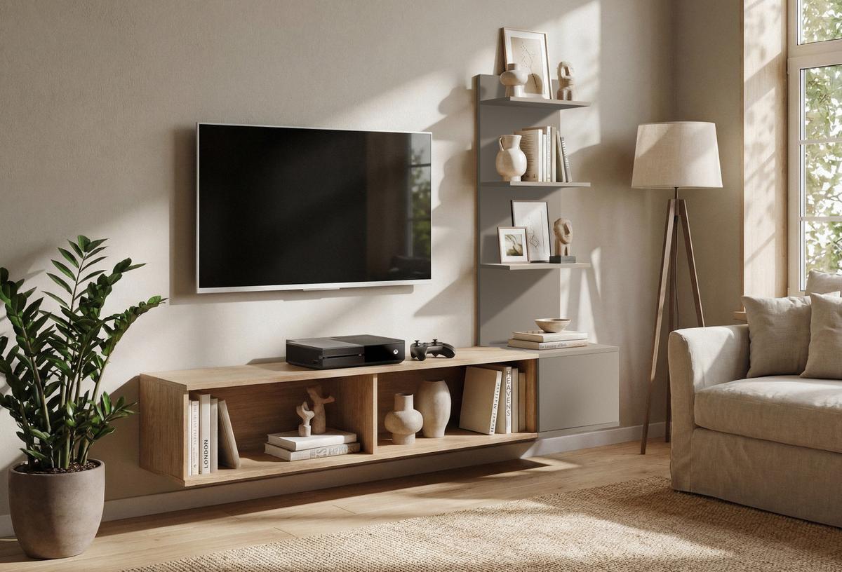 TV-LOWBOARD Eiche mit Lehm-Grau 180 cm hängend, TV Unterschrank Set mit Paneel und Regal - Eichefarben/Hellgrau, Holzwerkstoff (180/130/40cm) - Inn.Furn