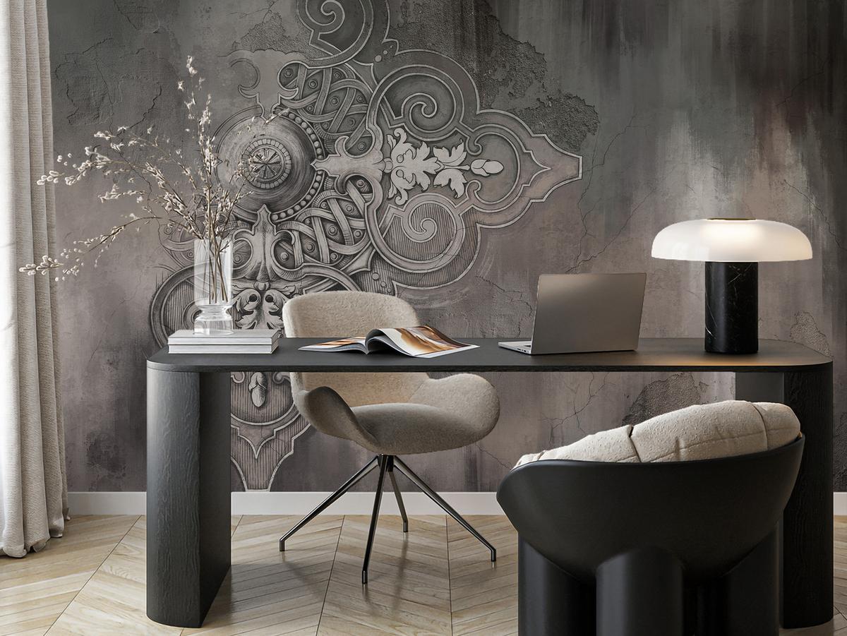 FOTOTAPETE für Wohnzimmer Retro Ornament Betonwand 350x256 - Schwarz/Braun, Papier (350/256cm) - Muralo