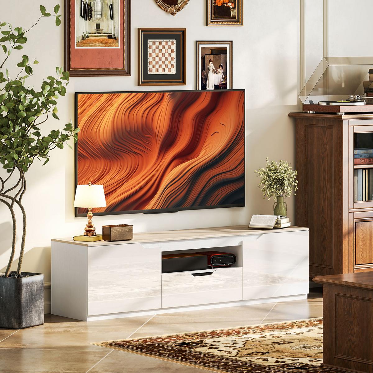 HOCHGLANZ TV-Lowboard für Fernseher bis 65 Zoll, 3 Fächer, Schublade, Naturholz - Naturfarben, Holzwerkstoff (38/43/160cm) - HOMCOM