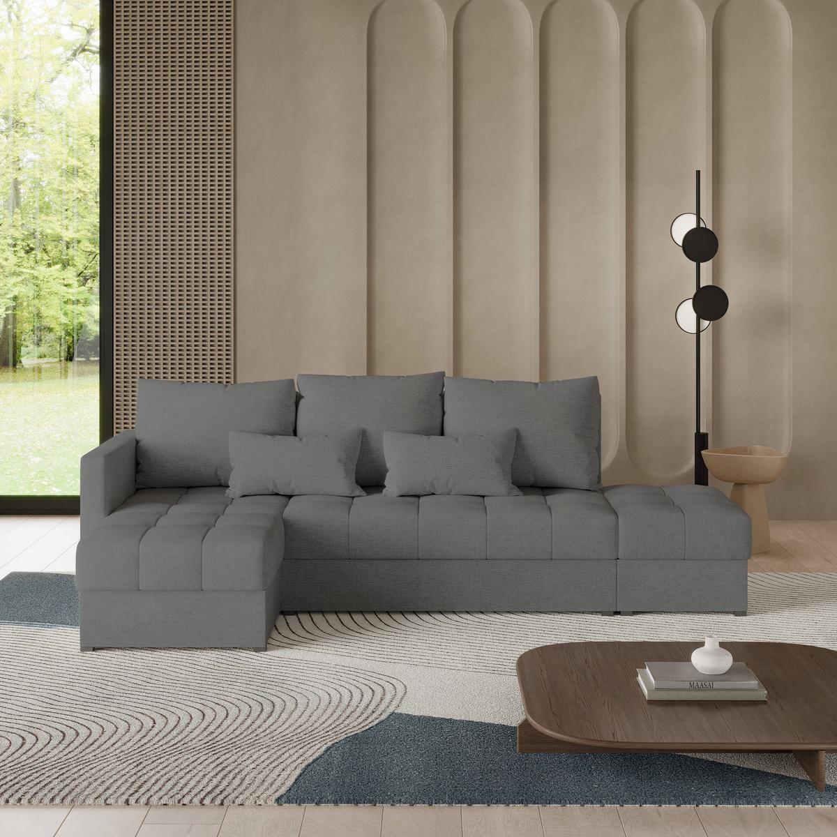 ECKSOFA LUMARI L-S Grau Plüsch-Stoff mit Schlaffunktion - Grau, Holz (262/143cm) - MASSENO