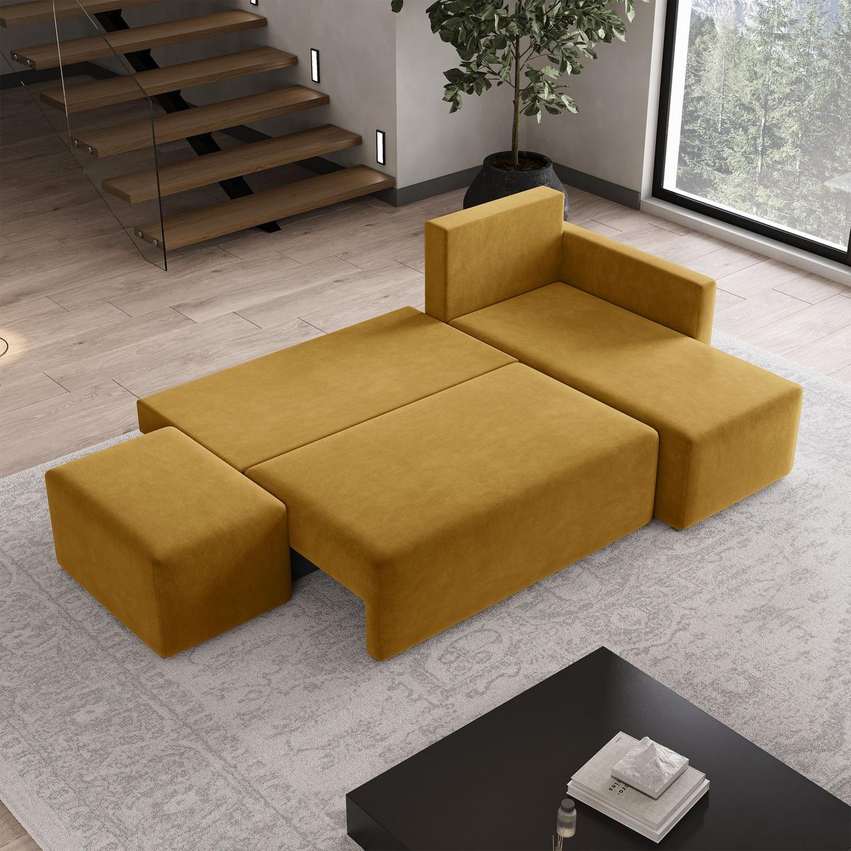 ECKSOFA VELOTTI R-S Gelb Plüsch-Stoff mit Schlaffunktion - Gelb, Holz (261/143cm) - MASSENO