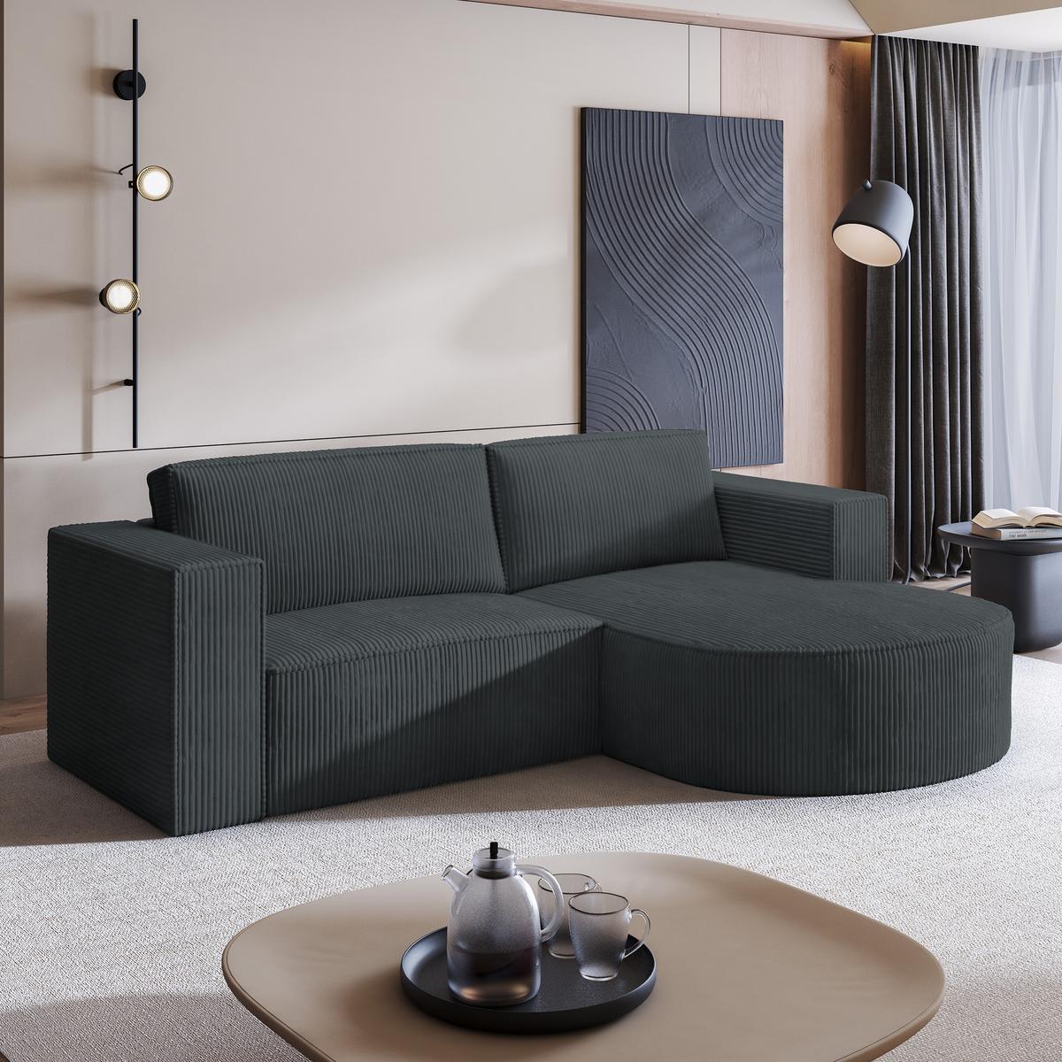 ECKSOFA SORELA P R-S Graphitfarben Kordstoff mit Schlaffunktion - Graphitfarben, Holz (263/174cm) - MASSENO
