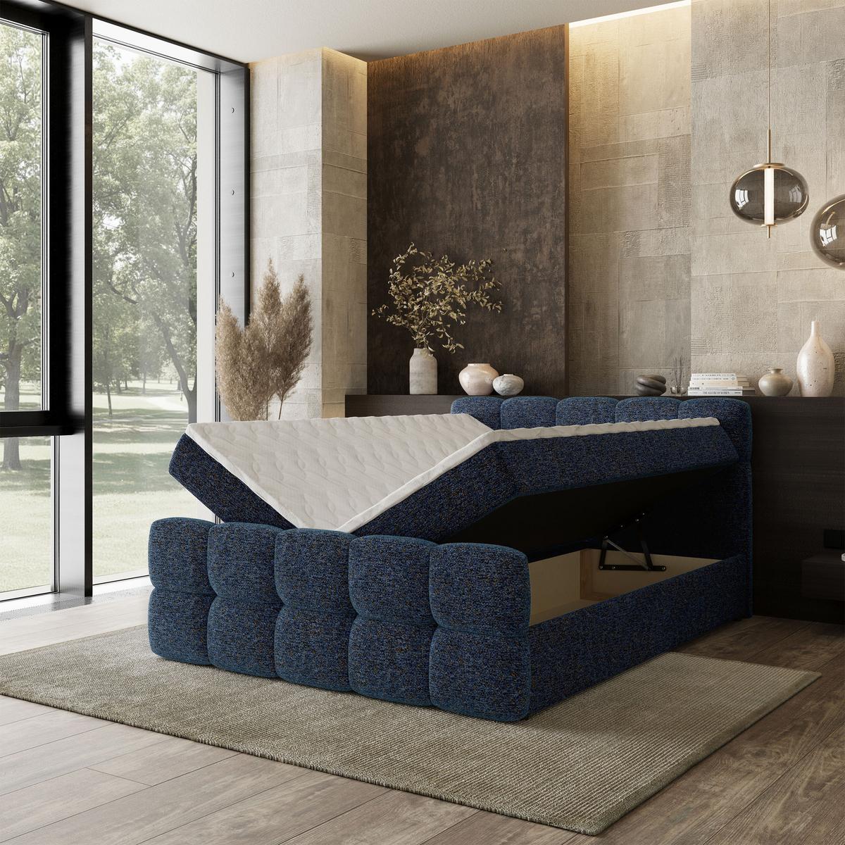 BOXBETT BRUME 180x200 cm mit Matratze und Topper, H2+H3 - Blau - Blau, Holz (180/200cm) - MASSENO