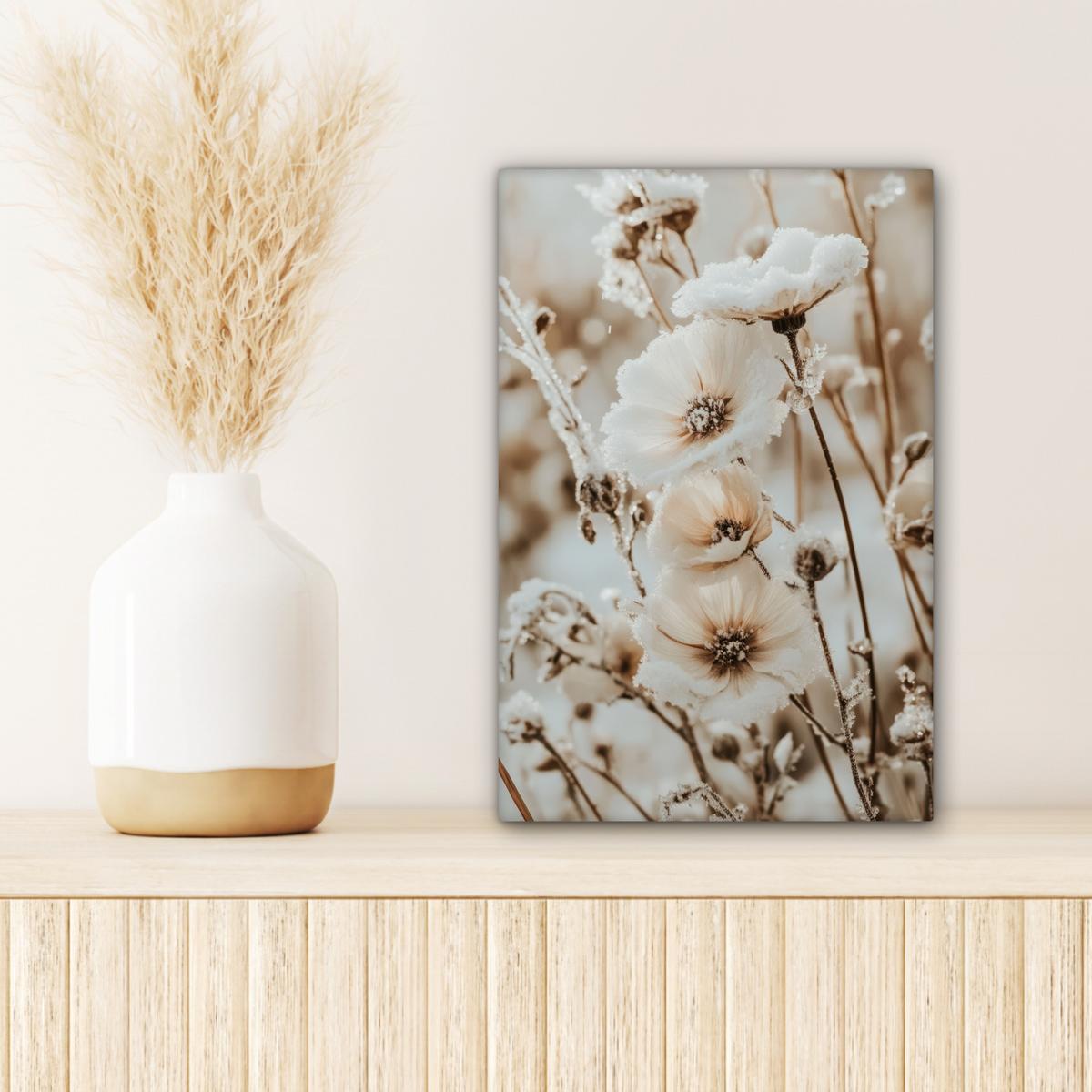 LEINWANDBILD Blumen - Winter - Weiß - Schnee - Beige Deko Wohnzimmer 20x30 cm - Creme, Textil (20/30cm) - MuchoWow