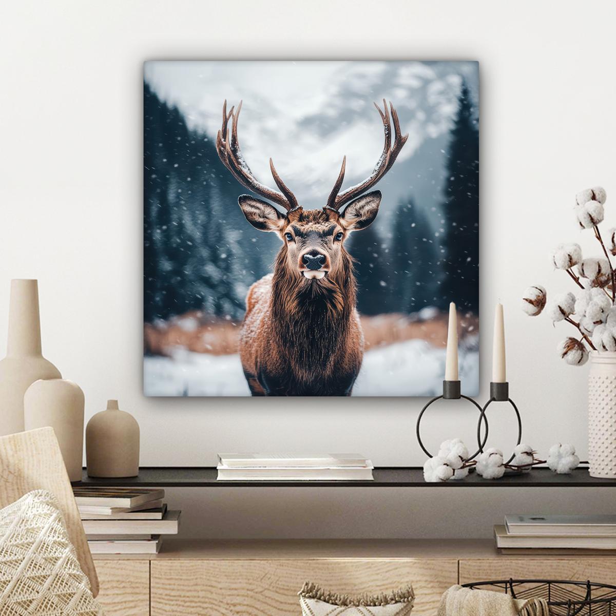 LEINWANDBILD Hirsche - Tiere - Landschaft - Winter - Schnee Wandbild Wohnzimmer 50x50 cm - Kastanienfarben, Textil (50/50cm) - MuchoWow