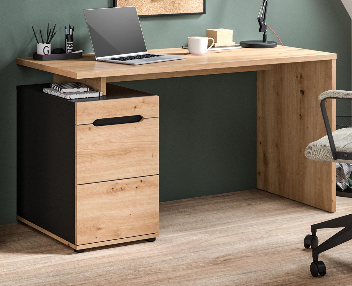 SCHREIBTISCH Eiche Artisan, Grau 138 cm, Container mit Soft-Close - Schwarz/Eiche Artisan, Holzwerkstoff/Kunststoff (60/138/75cm) - Inn.Furn