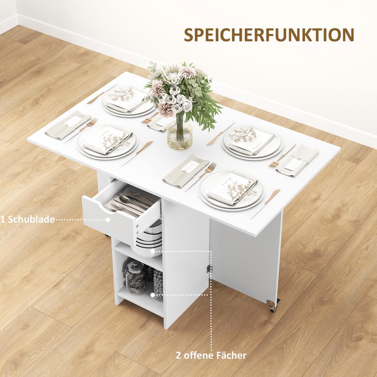 KLAPPBARER Esstisch Mobiler Küchentisch für 2-4 Personen mit Offenen Ablagen - Weiß, Holzwerkstoff (114.5/70/75cm) - HOMCOM