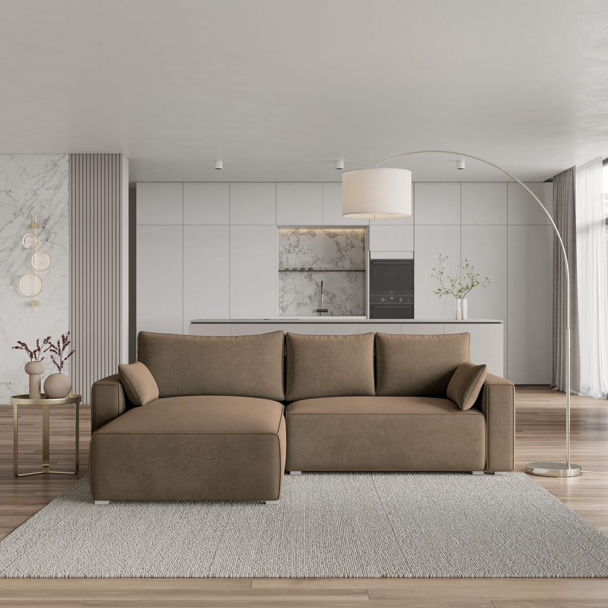 ECKSOFA FORIL Beige Velours-Stoff mit Schlaffunktion - Beige/Grau, Holz/Kunststoff (265/178cm) - MASSENO