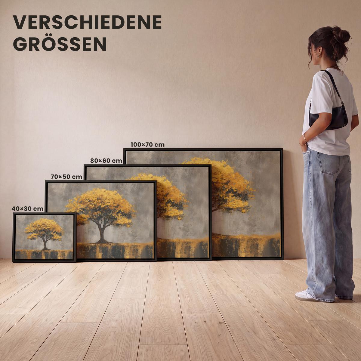 LEINWAND Bilder mit Rahmen - Baum - Blätter - Gold - Abstrakt - 40x30 - Grau, Textil (40/30cm) - MuchoWow