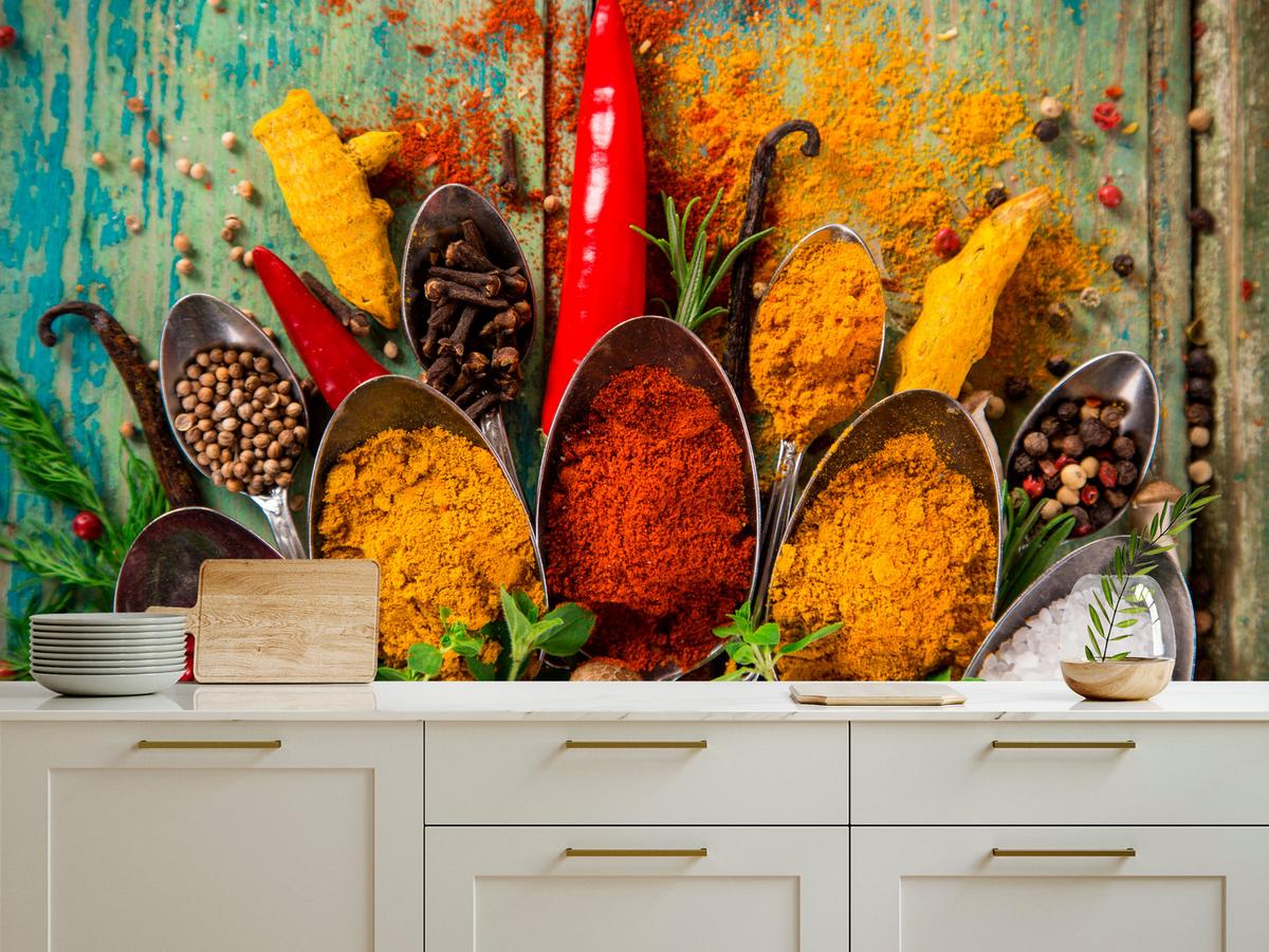 FOTOTAPETE für Küche Gewürze Holz Rustikal Paprika Ingwer 450x315 - Türkis/Blau, Papier (450/315cm) - Muralo