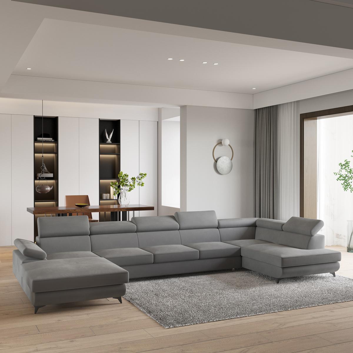 WOHNLANDSCHAFT MONTIVA Grau Velours-Stoff mit Schlaffunktion - Grau, Holz (410/89/190cm) - MASSENO