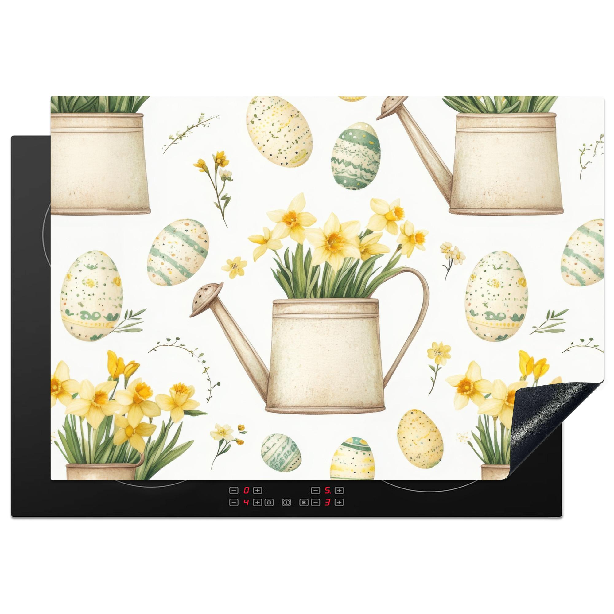 HERDABDECKPLATTE Gießkanne - Blumen - Eier Herdabdeckung Induktionsfeld 75x52 cm - Weiß, Kunststoff (75/52/0.2cm) - MuchoWow