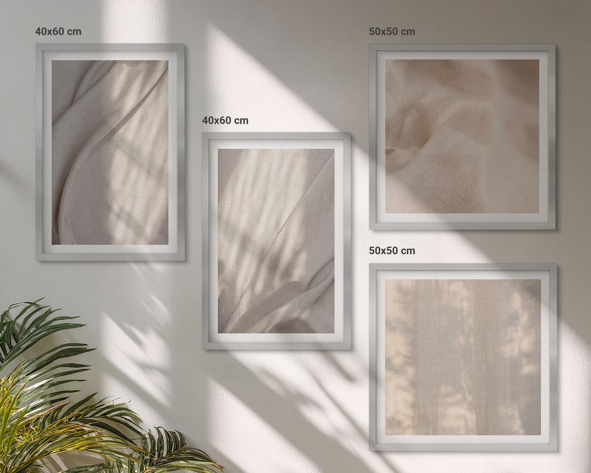 BILDER SET 4er Set - 50x50 cm & 40x60 cm Silberner Rahmen - Nahaufnahme von natürlichen Boho-Stoffen - Silberfarben, Kunststoff (50/50cm) - TULUP