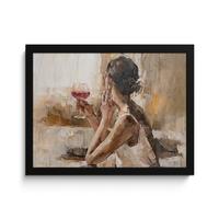 POSTER MIT RAHMENGERAHMTES BILD Ölgemälde - Frau - Wein 40x30 cm - Hellbraun, Papier (40/30cm) - MuchoWow
