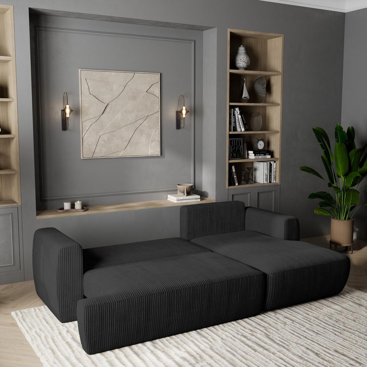 ECKSOFA SENTI P R-S Schwarz Kordstoff mit Schlaffunktion - Schwarz, Holz/Kunststoff (246/148cm) - MASSENO