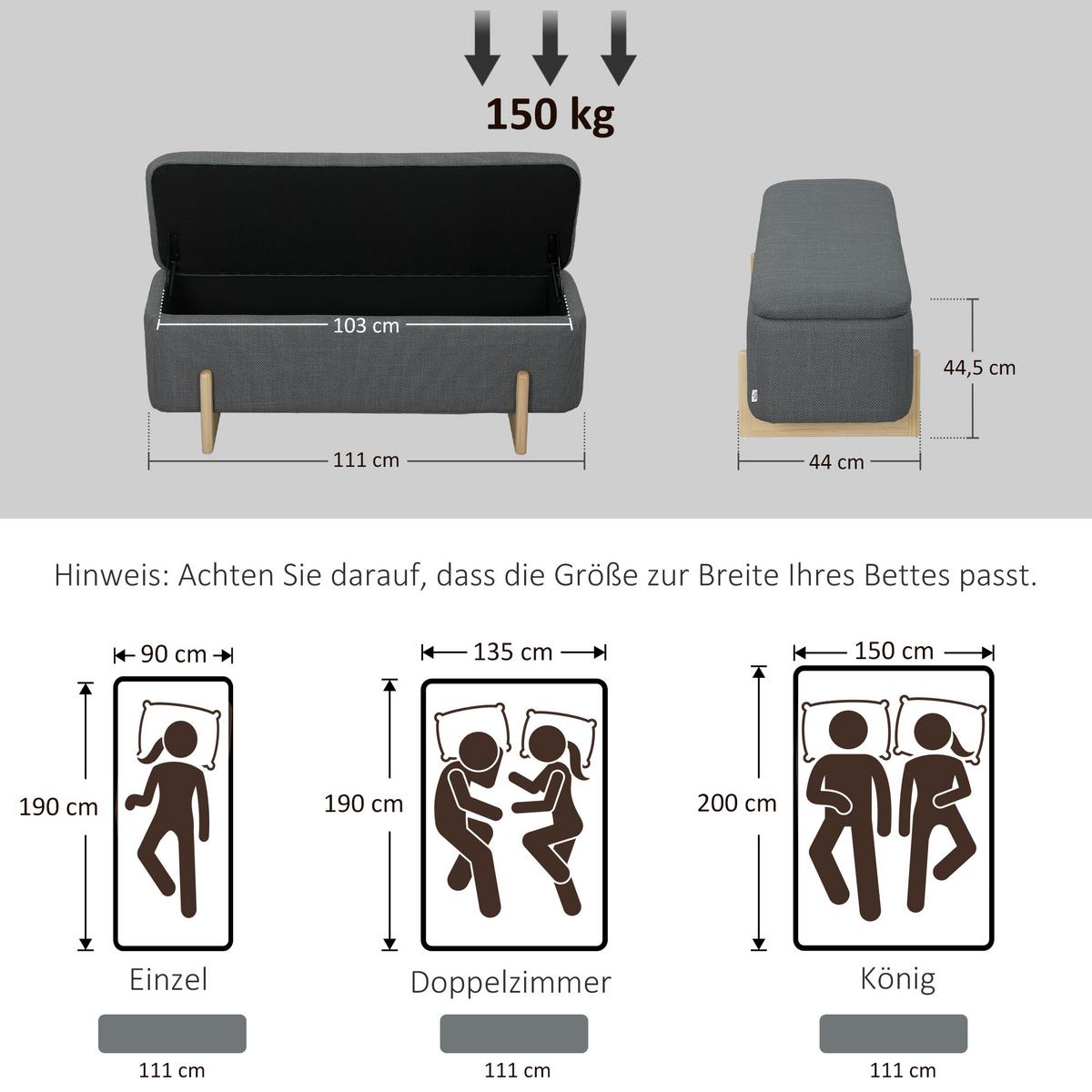 HOMCOM Sitzbank mit verstecktem Stauraum, gepolsterter Sitzfläche in Leinenoptik, Sicherheits-Scharniere, Holzbeine, Dunkelgrau - Dunkelgrau, Holz/Textil (44/44.5/111cm) - HOMCOM