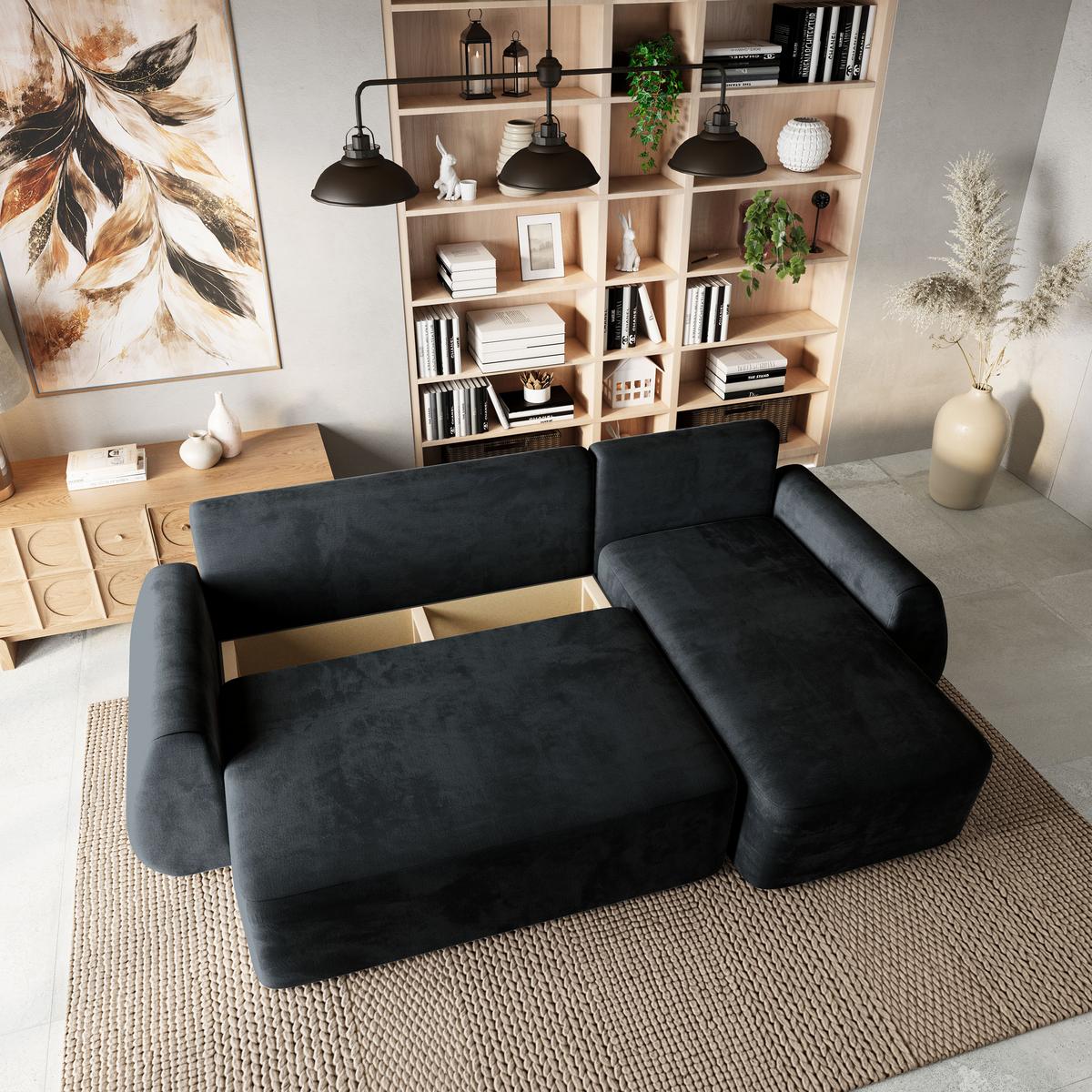 ECKSOFA GALVIS Schwarz Velours-Stoff mit Schlaffunktion - Schwarz, Holz (256/156cm) - MASSENO