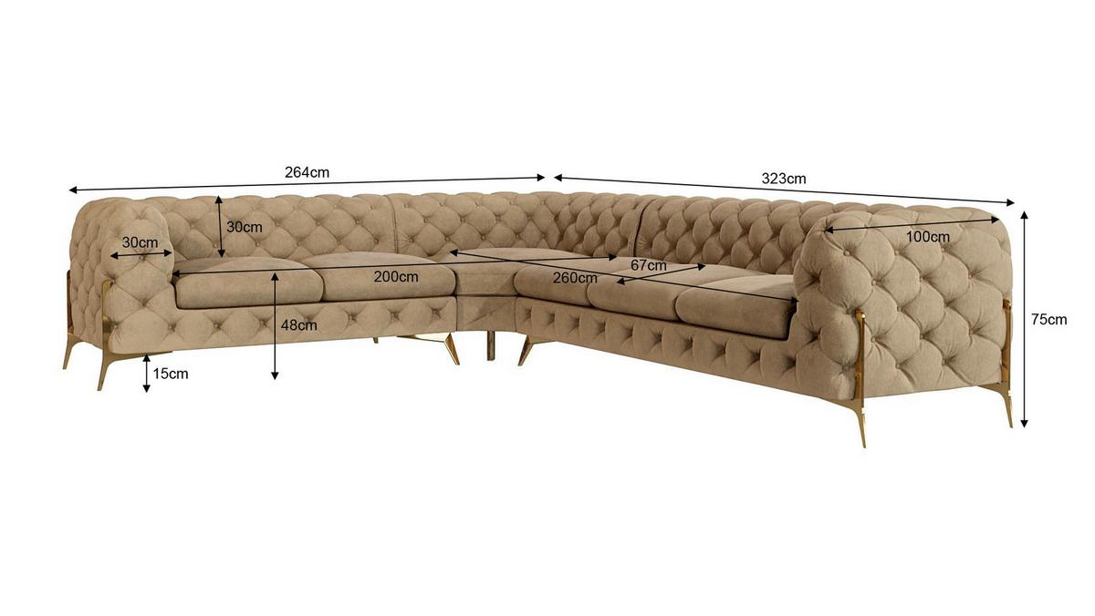 ECKSOFA Chesterfield Lexi Beige Samt, langer Schenkel rechts - Beige/Goldfarben, Holz/Textil (323/264cm) - S-Style Möbel