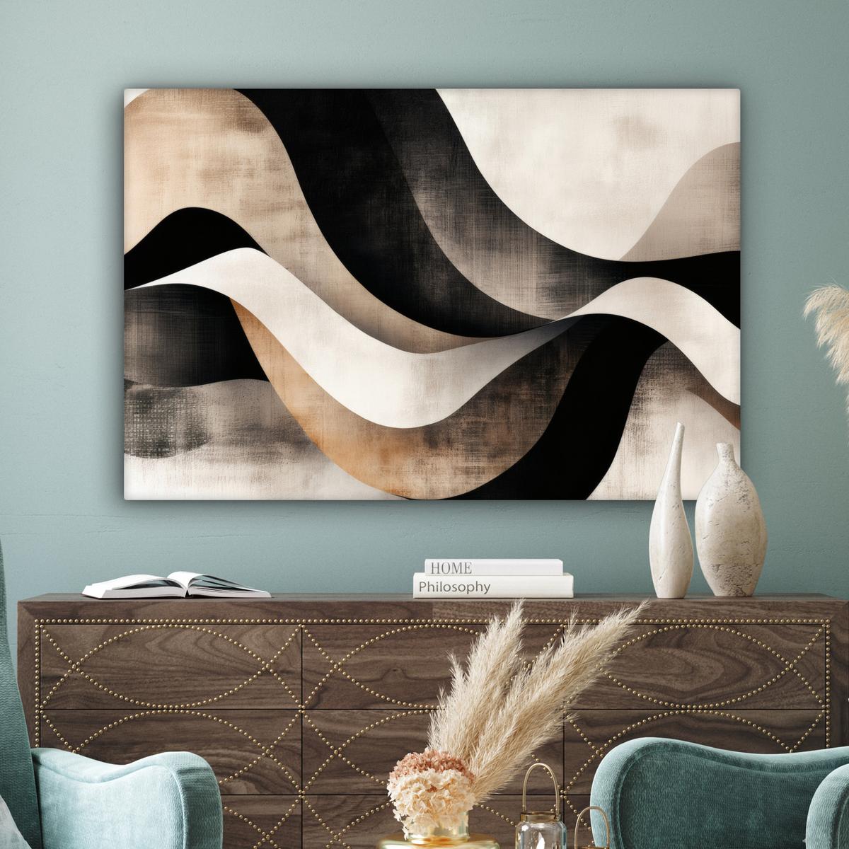 LEINWANDBILD Abstrakt - Wellen - Schwarz - Verwittert Wohnzimmer Groß 120x80 cm - Trüffeleichefarben, Textil (120/80cm) - MuchoWow