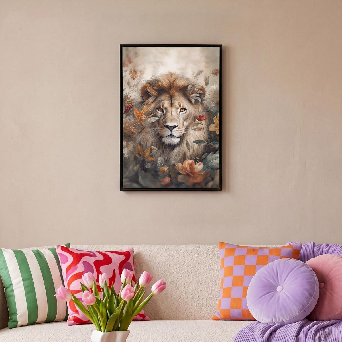 LEINWAND Bilder mit Rahmen - Löwe - Wildtiere - Pflanzen - Natur - Blumen - 40x60 - Beige, Textil (40/60cm) - MuchoWow