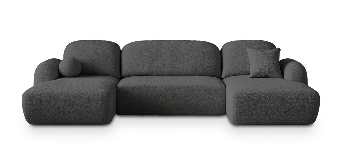 WOHNLANDSCHAFT SAVONA N Grau Boucle-Stoff mit Schlaffunktion - Schwarz/Grau, Holz/Kunststoff (320/90/148cm) - MASSENO
