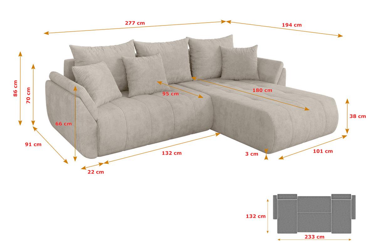 ECKSOFA mit Schlaffunktion Ottomane Rechts TOKO-L 277x194x86 Creme Cord - Ecru/Creme, Holzwerkstoff/Kunststoff (277/194cm) - ALTDECOR