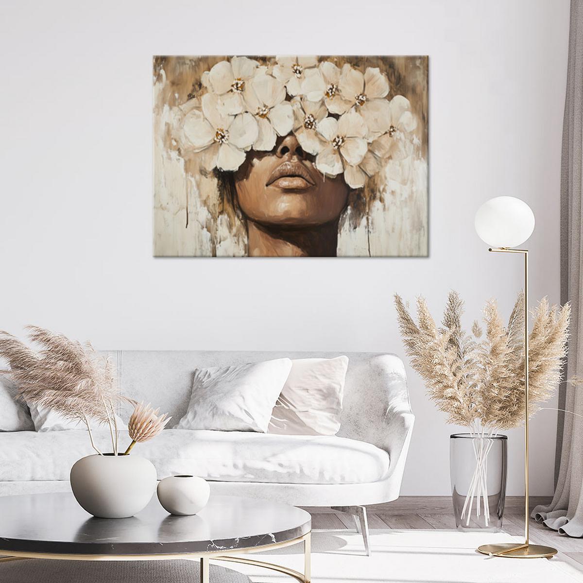 LEINWANDBILD Frau Blumen Golden Beige 100x70cm - Beige, Textil (100/70cm) - Feeby