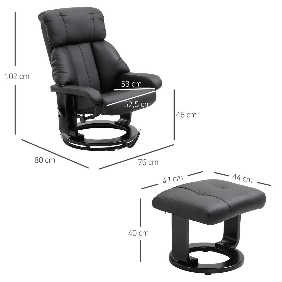 RELAXSESSEL mit Liegefunktion Massagesessel inkl. Hocker Fernsehsessel drehbar - Schwarz, Leder/Kunststoff (80/102/76cm) - HOMCOM
