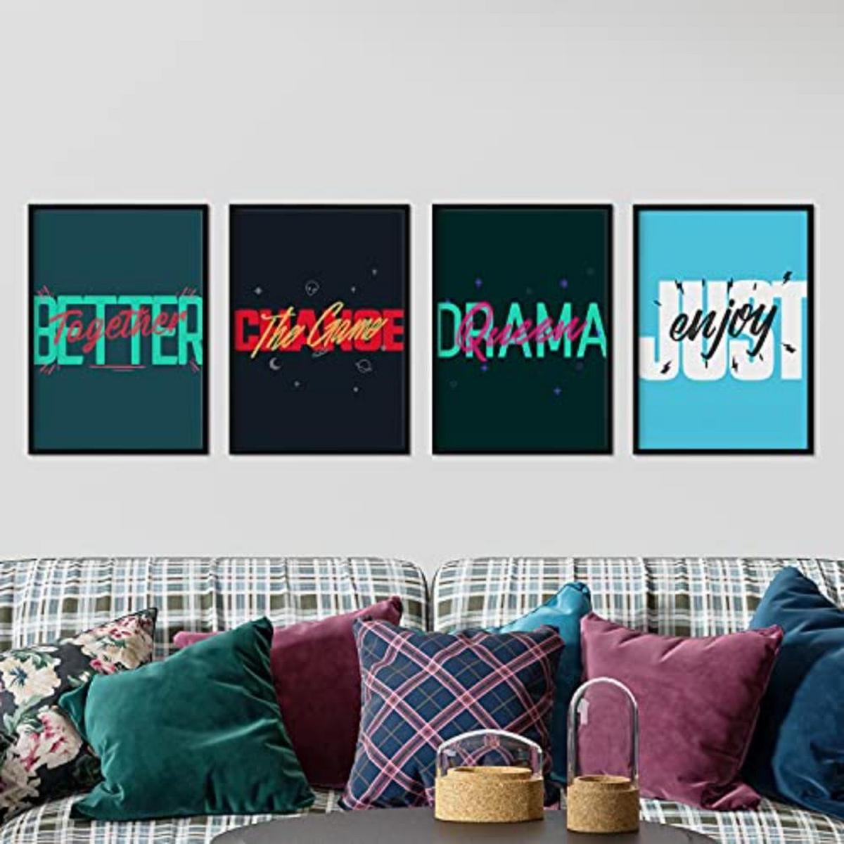 POSTER Set mit 4 blauen und grünen Etikettendesign und Motivationsnachrichten A4 Schwarzer Rahmen - Schwarz, Papier (29.7/3cm) - Nacnic