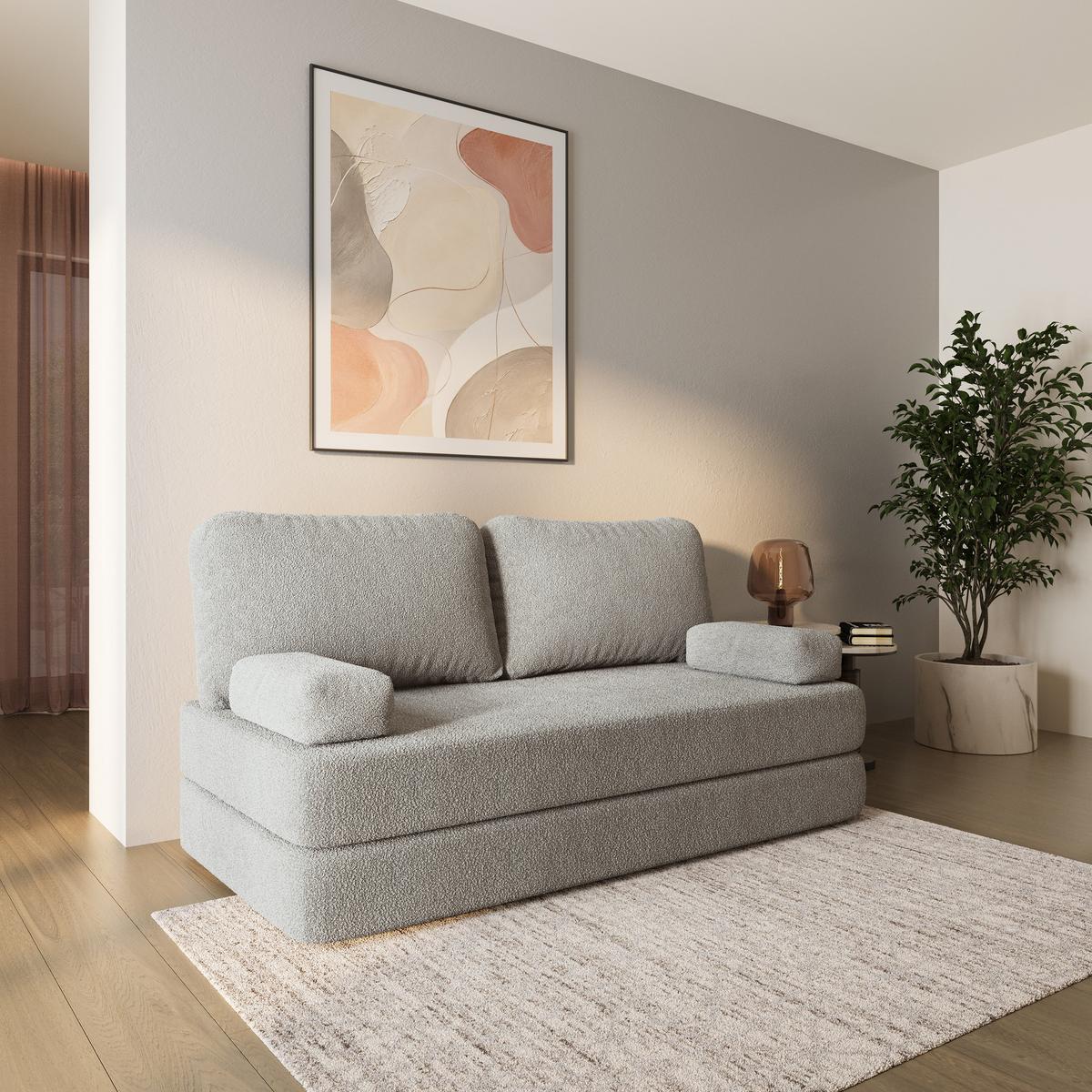 BETTSOFA NIKSI aus Schaumstoff Bucle-Stoff Hellgrau Schlaffunktion - Hellgrau, Textil (170/86/80cm) - MASSENO