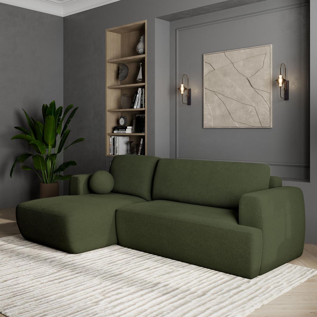 ECKSOFA SENTI N L-S Grün Boucle-Stoff mit Schlaffunktion - Schwarz/Grün, Holz/Kunststoff (246/148cm) - MASSENO