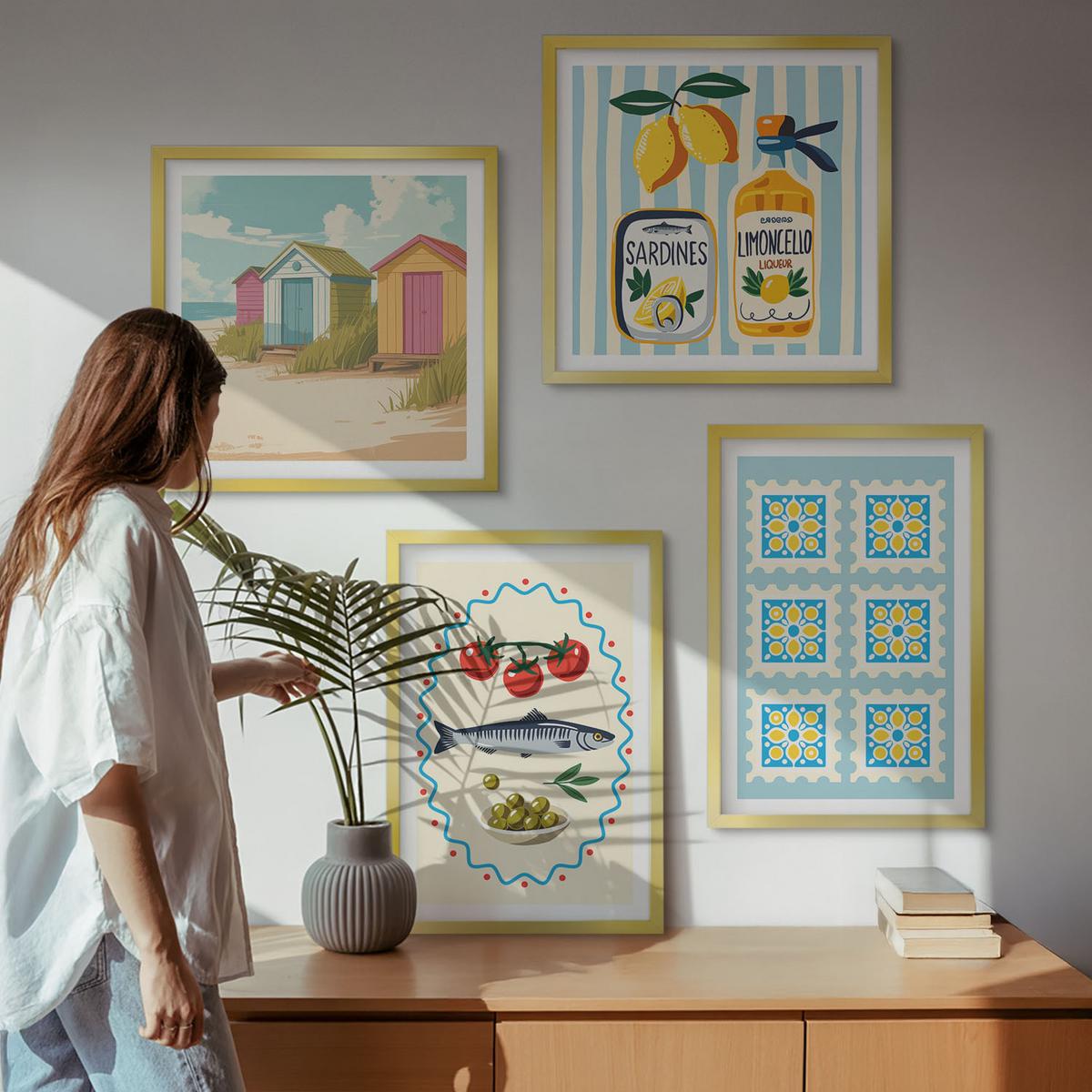 BILDER SET 4er Set - 50x50 cm & 40x60 cm Goldrahmen - Illustrationen der mediterranen Küche - Goldfarben, Kunststoff (50/50cm) - TULUP