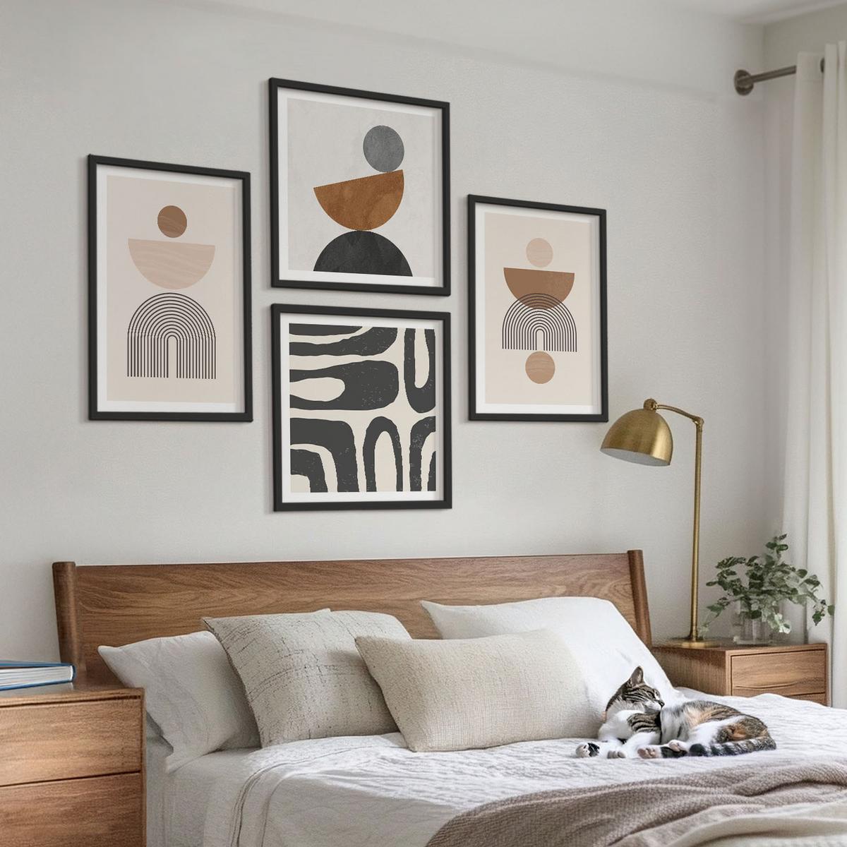 BILDER SET 4er Set - 50x50 cm & 40x60 cm Schwarzer Rahmen - Abstraktes Boho-Design - Schwarz, Kunststoff (50/50cm) - TULUP