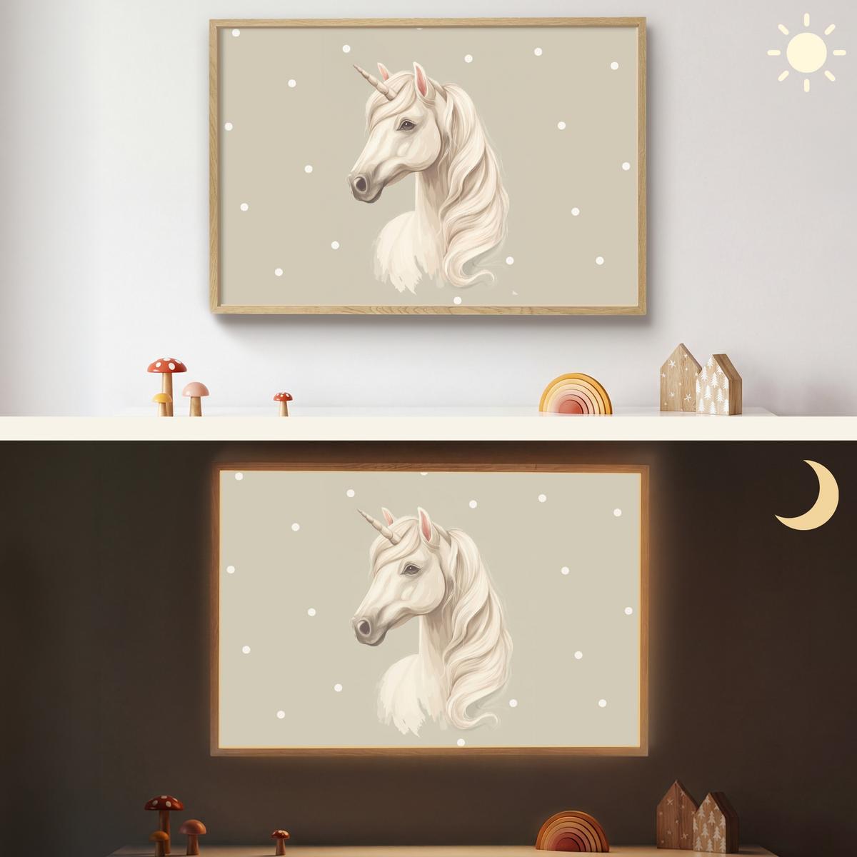 WANDLEUCHTE MIT AKKU Einhorn - Weiß - Punkte 100x70 cm - Taupe, Holzwerkstoff (100/70/8cm) - OnlyWow