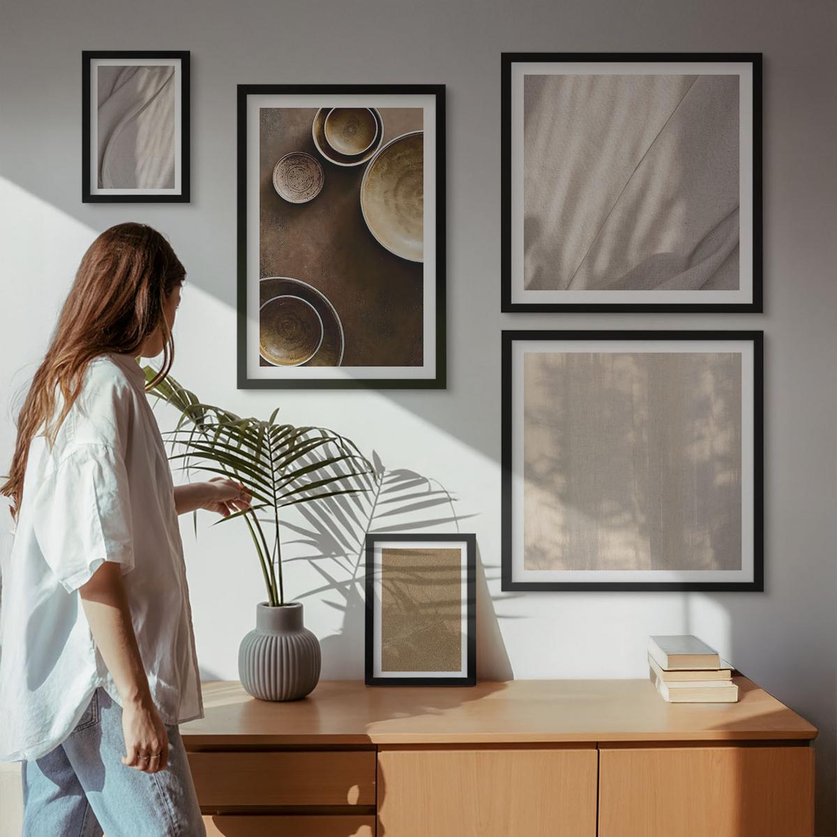 BILDER SET 5er Set - 50x50 cm & 20x30 cm & 40x60 cm Schwarzer Rahmen - Strukturen, Texturen, Minimalismus - Schwarz, Kunststoff (40/60cm) - TULUP