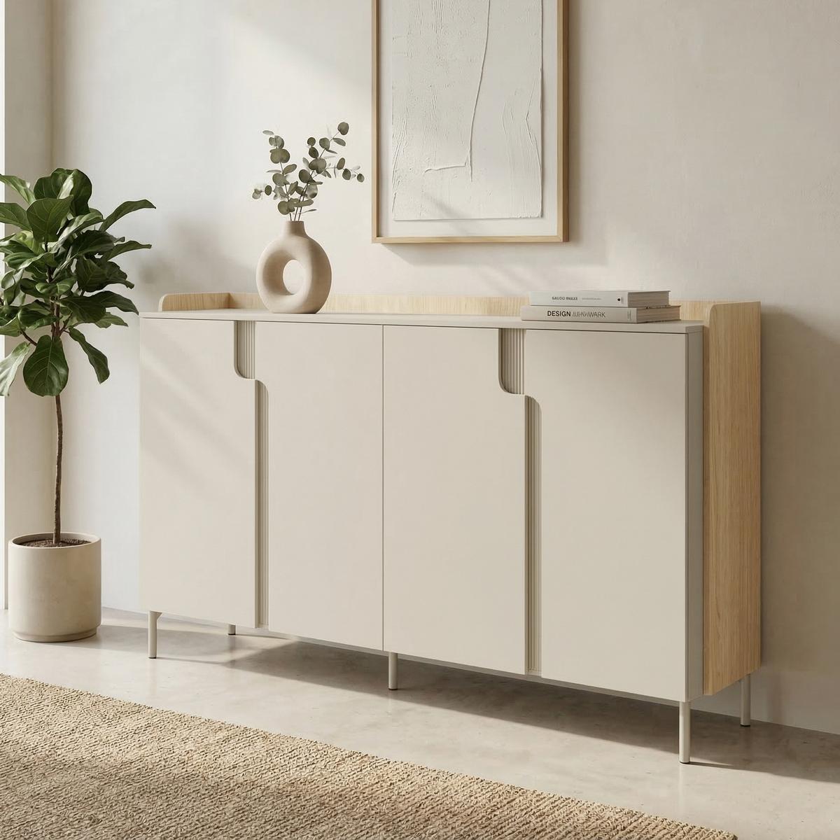 KOMMODE Positivo mit 4 Türen, 180 cm, Mavelie-Eiche + Macadamia - Eichefarben, Holzwerkstoff (183/110/42cm) - Beautysofa
