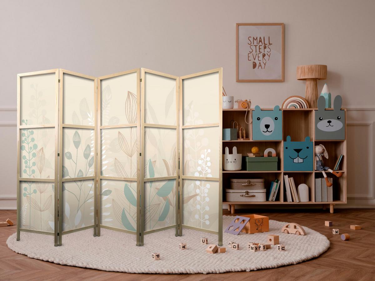 PARAVENT Japanischer 5-tlg 225x172 cm Boho Pflanzen - Beige, Holz/Textil (225/172/3cm) - Muralo