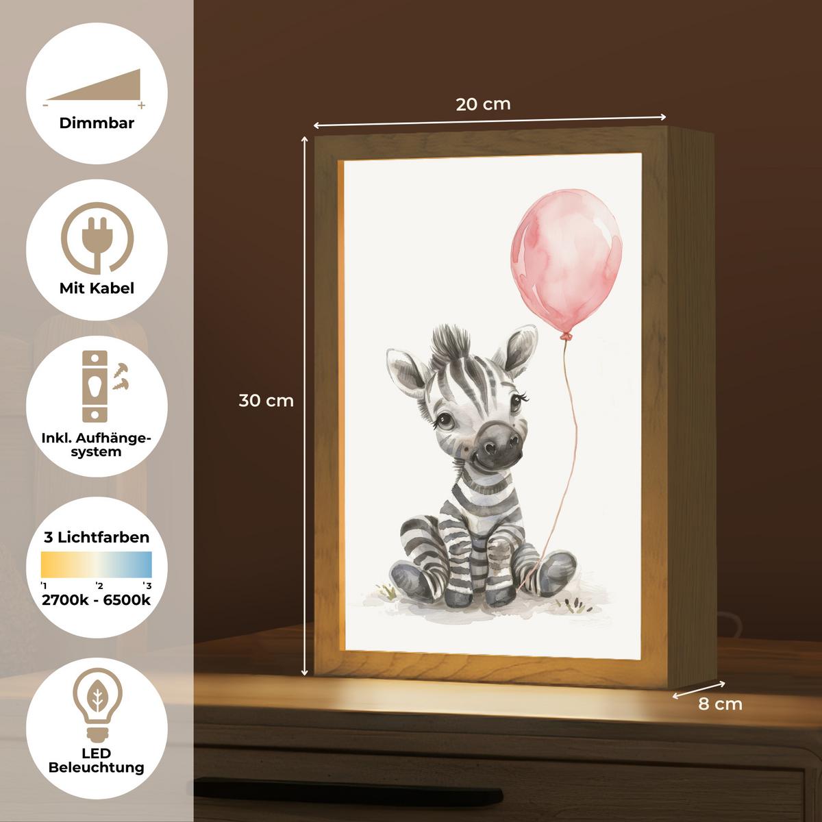 NACHTTISCHLAMPE Zebra - Baby - Tiere - Rosa Luftballon 20x30 cm - Weiß, Holzwerkstoff (8/20/30cm) - OnlyWow