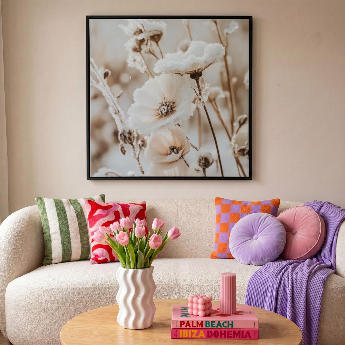 LEINWAND Bilder mit Rahmen - Blumen - Winter - Weiß - Schnee - Beige - 90x90 - Creme, Textil (90/90cm) - MuchoWow