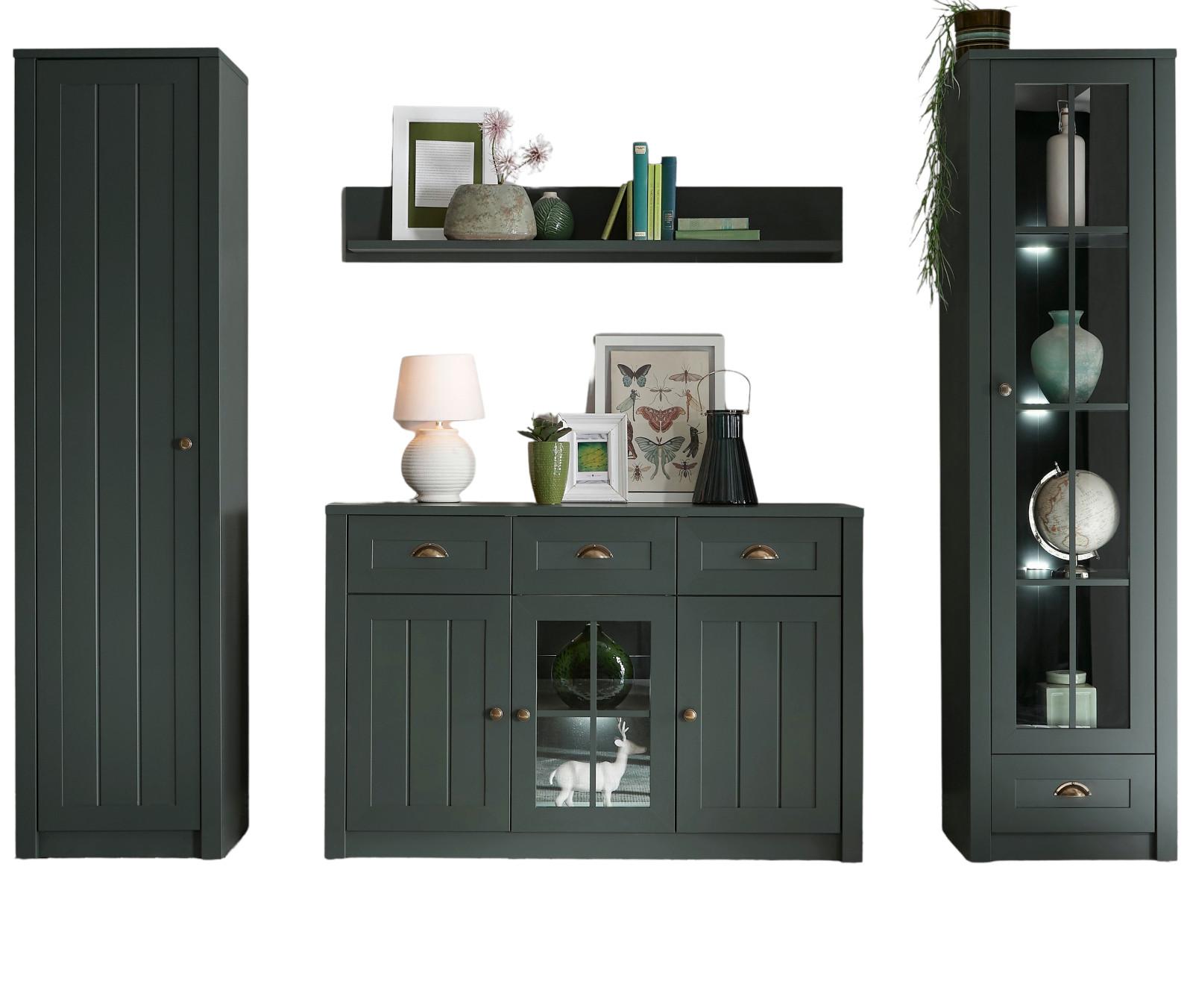 WOHNWAND grün Landhaus, Wohnkombination 4-teilig 270 x 198 cm - Chromfarben/Schwarz, Glas/Holzwerkstoff (270/198/43cm) - Furn.Design