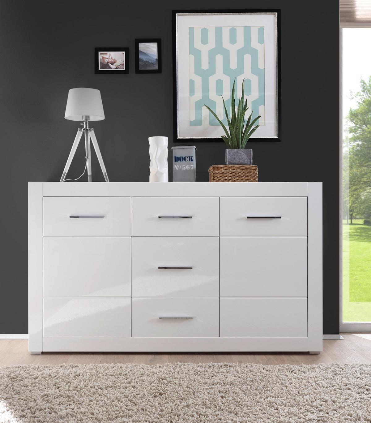 SIDEBOARD weiß Hochglanz, Wohn- und Esszimmer Kommode 164 cm - Weiß Hochglanz/Silberfarben, Holzwerkstoff/Kunststoff (164/97/42cm) - Furn.Design