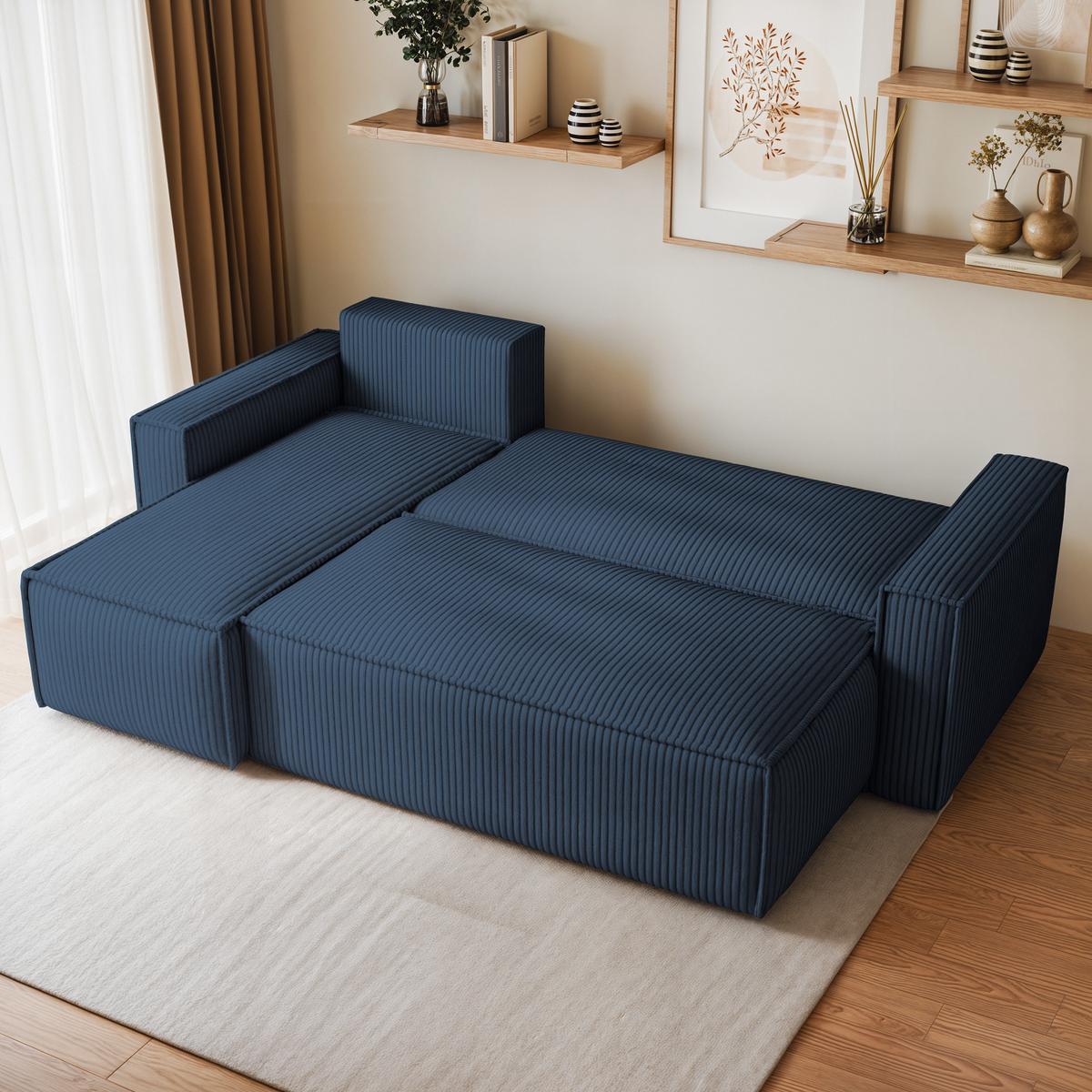 ECKSOFA RAVELO P Blau Kordstoff mit Schlaffunktion - Blau/Grau, Holz/Kunststoff (240/140cm) - MASSENO