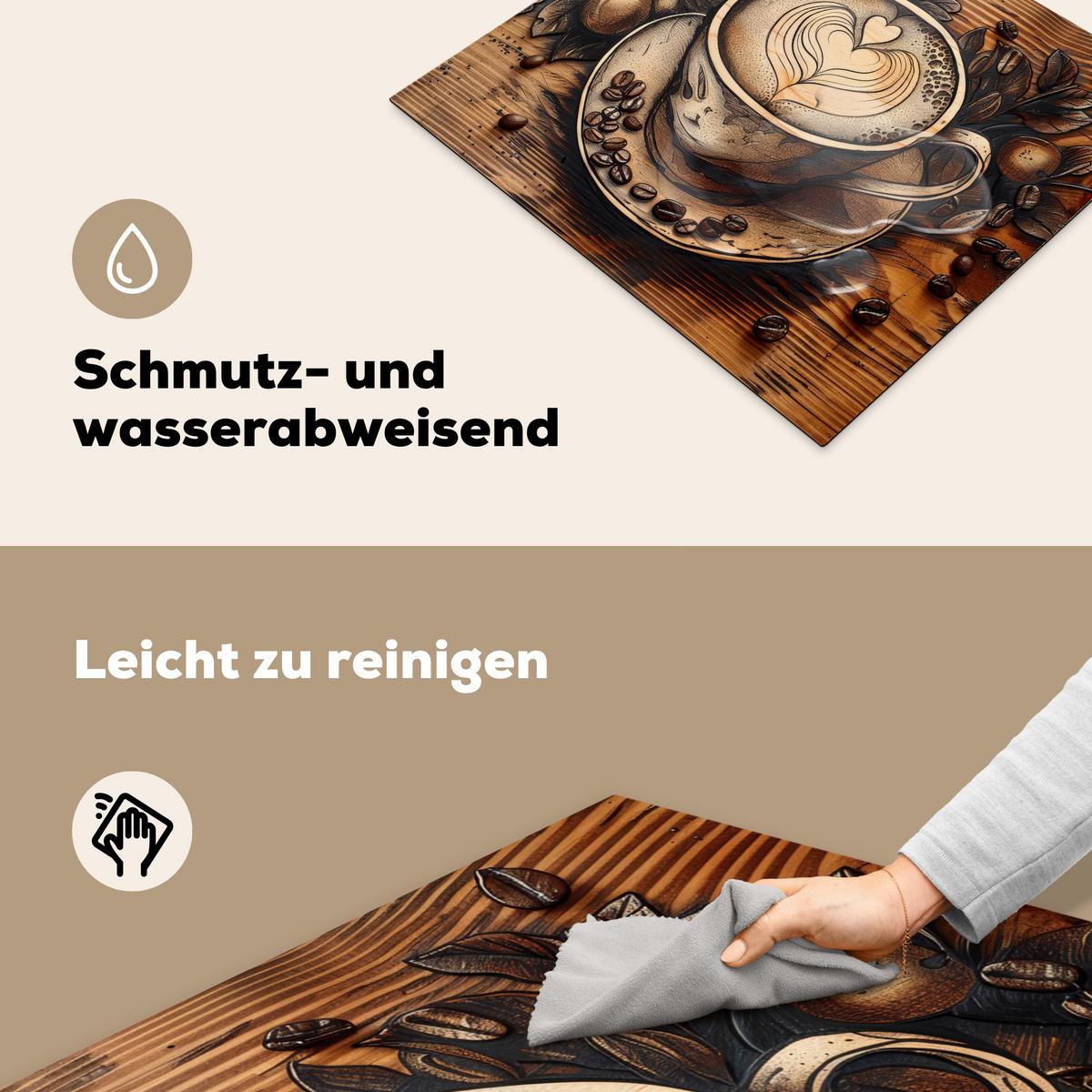 HERDABDECKPLATTE Kaffee - Vintage - Braun - Tasse - Holz Abdeckung Ceranfeld 58.3x51.3 cm - Cappuccino, Kunststoff (58.3/51.3/0.2cm) - MuchoWow